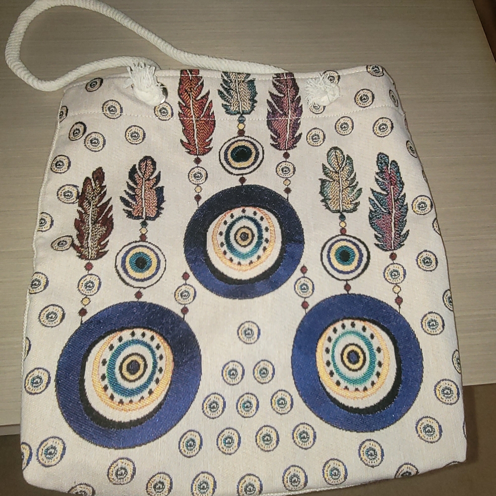 Boho Feather & Circle Pattern Canvas Tote Bag in Cream and Blue